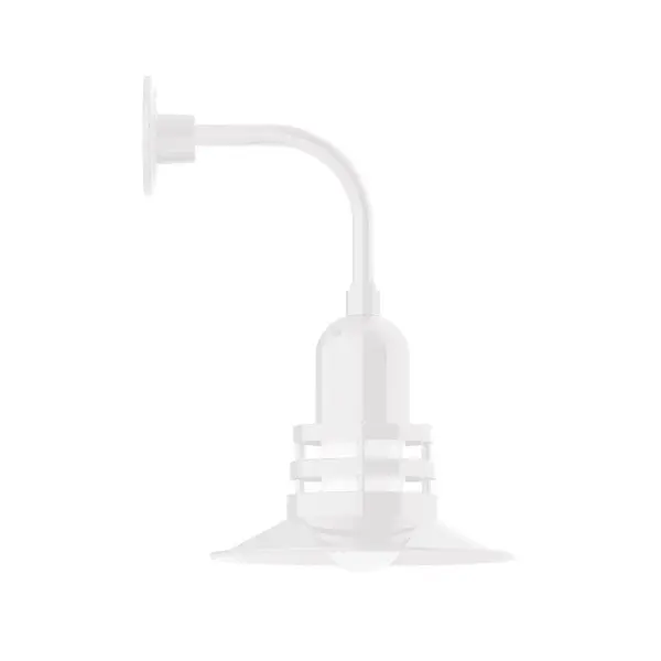 Our outdoor wall lights, inspired by 1920's industrial lighting, in curved arm styles are great for use as sign or awning lights, garage or barn lights. This vintage look works well indoors also, our smallest sizes will illuminate a restaurant menu board, bookcase, or shelving unit. The Atomic has a great retro feel and will lighten up any space. A clear glass jar to protect bulb from the elements is a standard feature. Collection: Atomic Finish: White Glass: 12 inch Atomic Notes: Option (1) A19 LED and 2-Integrated 8W, 10W Width: 12.00" Height: 19.00" Length: 14.50" Weight: 10.00 lb Extension from Wall: 14.50" Canopy: 4.625" diameter Number of Bulbs: 1 Maximum Wattage: 100.00 W Bulb Type: A19 Bulb Base: E26 Medium Light Source: Incandescent or LED equivalent Dimmable Voltage: 120.00 V Country of Origin: US Safety Listing: UL/cUL Safety Rating: Wet Dark Sky LED Manufacturer Warranty: 1-year limited warranty on the fixture.