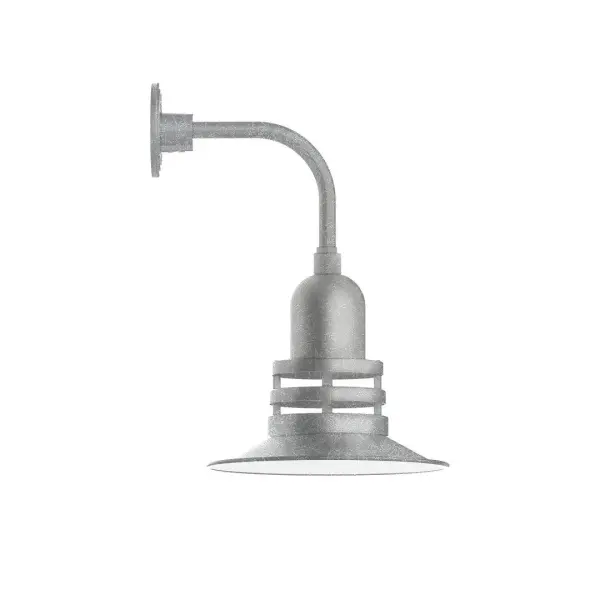 Our outdoor wall lights, inspired by 1920's industrial lighting, in curved arm styles are great for use as sign or awning lights, garage or barn lights. This vintage look works well indoors also, our smallest sizes will illuminate a restaurant menu board, bookcase, or shelving unit. The Atomic has a great retro feel and will lighten up any space. A clear glass jar to protect bulb from the elements is a standard feature. Collection: Atomic Finish: Painted Galvanized Glass: 12 inch Atomic Notes: Option (1) A19 LED and 2-Integrated 8W, 10W Width: 12.00" Height: 19.00" Length: 14.50" Weight: 10.00 lb Extension from Wall: 14.50" Canopy: 4.625" diameter Number of Bulbs: 1 Maximum Wattage: 100.00 W Bulb Type: A19 Bulb Base: E26 Medium Light Source: Incandescent or LED equivalent Dimmable Voltage: 120.00 V Country of Origin: US Safety Listing: UL/cUL Safety Rating: Wet Dark Sky LED Manufacturer Warranty: 1-year limited warranty on the fixture.