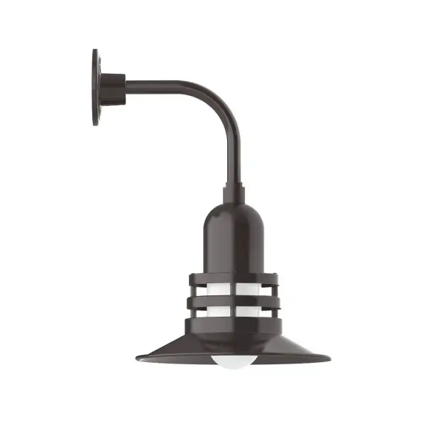 Our outdoor wall lights, inspired by 1920's industrial lighting, in curved arm styles are great for use as sign or awning lights, garage or barn lights. This vintage look works well indoors also, our smallest sizes will illuminate a restaurant menu board, bookcase, or shelving unit. The Atomic has a great retro feel and will lighten up any space. A clear glass jar to protect bulb from the elements is a standard feature. Collection: Atomic Finish: Architectural Bronze Glass: 12 inch Atomic Notes: Option (1) A19 LED and 2-Integrated 8W, 10W Width: 12.00" Height: 19.00" Length: 14.50" Weight: 10.00 lb Extension from Wall: 14.50" Canopy: 4.625" diameter Number of Bulbs: 1 Maximum Wattage: 100.00 W Bulb Type: A19 Bulb Base: E26 Medium Light Source: Incandescent or LED equivalent Dimmable Voltage: 120.00 V Country of Origin: US Safety Listing: UL/cUL Safety Rating: Wet Dark Sky LED Manufacturer Warranty: 1-year limited warranty on the fixture.
