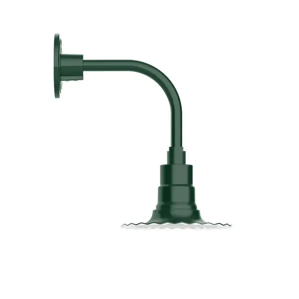 Our outdoor wall lights, inspired by 1920's industrial lighting, in curved arm styles are great for use as sign or awning lights, garage or barn lights. This vintage look works well indoors also, our smallest sizes will illuminate a restaurant menu board, bookcase, or shelving unit. The Radial Shade is fluted to allow water to flow off its surface, suitable for seaside and non-seaside locales. Collection: Radial Finish: Forest Green Glass: Clear Glass with Cast Guard Notes: Option (1) A19 LED and 3-Integrated 8W, 10W, 15W Width: 8.00" Height: 13.88" Length: 12.50" Weight: 8.00 lb Extension from Wall: 12.50" Canopy: 4.625" diameter Number of Bulbs: 1 Maximum Wattage: 100.00 W Bulb Type: A19 Bulb Base: E26 Medium Light Source: Incandescent or LED equivalent Dimmable Voltage: 120.00 V Country of Origin: US Safety Listing: UL/cUL Safety Rating: Wet Dark Sky LED Manufacturer Warranty: 1-year limited warranty on the fixture.