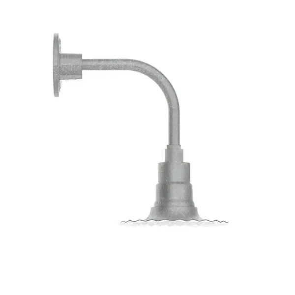 Our outdoor wall lights, inspired by 1920's industrial lighting, in curved arm styles are great for use as sign or awning lights, garage or barn lights. This vintage look works well indoors also, our smallest sizes will illuminate a restaurant menu board, bookcase, or shelving unit. The Radial Shade is fluted to allow water to flow off its surface, suitable for seaside and non-seaside locales. Collection: Radial Finish: Painted Galvanized Glass: 8 inch Radial Notes: Option (1) A19 LED and 3-Integrated 8W, 10W, 15W Width: 8.00" Height: 13.88" Length: 12.50" Weight: 8.00 lb Extension from Wall: 12.50" Canopy: 4.625" diameter Number of Bulbs: 1 Maximum Wattage: 100.00 W Bulb Type: A19 Bulb Base: E26 Medium Light Source: Incandescent or LED equivalent Dimmable Voltage: 120.00 V Country of Origin: US Safety Listing: UL/cUL Safety Rating: Wet Dark Sky LED Manufacturer Warranty: 1-year limited warranty on the fixture.