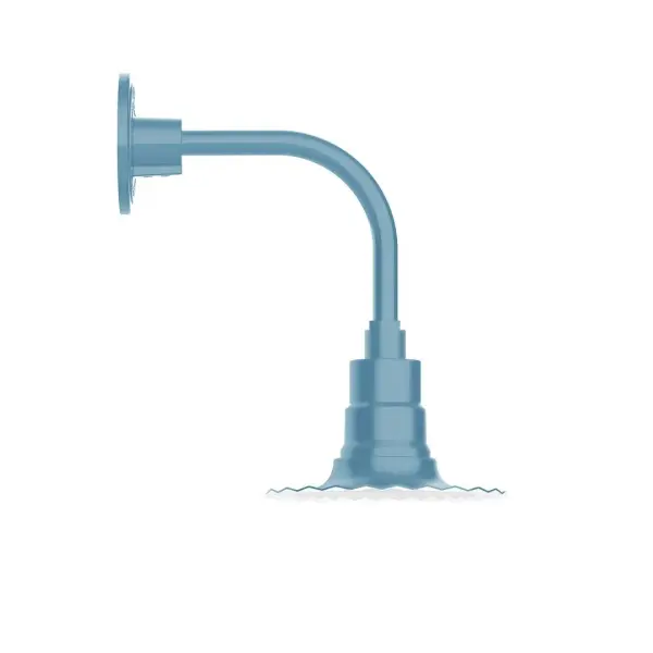 Our outdoor wall lights, inspired by 1920's industrial lighting, in curved arm styles are great for use as sign or awning lights, garage or barn lights. This vintage look works well indoors also, our smallest sizes will illuminate a restaurant menu board, bookcase, or shelving unit. The Radial Shade is fluted to allow water to flow off its surface, suitable for seaside and non-seaside locales. Collection: Radial Finish: Light Blue Glass: 8 inch Radial Notes: Option (1) A19 LED and 3-Integrated 8W, 10W, 15W Width: 8.00" Height: 13.88" Length: 12.50" Weight: 8.00 lb Extension from Wall: 12.50" Canopy: 4.625" diameter Number of Bulbs: 1 Maximum Wattage: 100.00 W Bulb Type: A19 Bulb Base: E26 Medium Light Source: Incandescent or LED equivalent Dimmable Voltage: 120.00 V Country of Origin: US Safety Listing: UL/cUL Safety Rating: Wet Dark Sky LED Manufacturer Warranty: 1-year limited warranty on the fixture.