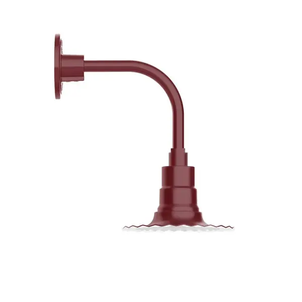 Our outdoor wall lights, inspired by 1920's industrial lighting, in curved arm styles are great for use as sign or awning lights, garage or barn lights. This vintage look works well indoors also, our smallest sizes will illuminate a restaurant menu board, bookcase, or shelving unit. The Radial Shade is fluted to allow water to flow off its surface, suitable for seaside and non-seaside locales. Collection: Radial Finish: Barn Red Glass: Clear Glass with Cast Guard Notes: Option (1) A19 LED and 3-Integrated 8W, 10W, 15W Width: 8.00" Height: 13.88" Length: 12.50" Weight: 8.00 lb Extension from Wall: 12.50" Canopy: 4.625" diameter Number of Bulbs: 1 Maximum Wattage: 100.00 W Bulb Type: A19 Bulb Base: E26 Medium Light Source: Incandescent or LED equivalent Dimmable Voltage: 120.00 V Country of Origin: US Safety Listing: UL/cUL Safety Rating: Wet Dark Sky LED Manufacturer Warranty: 1-year limited warranty on the fixture.
