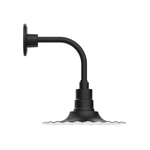 Our outdoor wall lights, inspired by 1920's industrial lighting, in curved arm styles are great for use as sign or awning lights, garage or barn lights. This vintage look works well indoors also, our smallest sizes will illuminate a restaurant menu board, bookcase, or shelving unit. The Radial Shade is fluted to allow water to flow off its surface, suitable for seaside and non-seaside locales. Collection: Radial Finish: Black Glass: 12 inch Radial Notes: Option (1) A19 LED and 3-Integrated 8W, 10W, 15W Width: 12.00" Height: 14.50" Length: 14.50" Weight: 8.00 lb Extension from Wall: 14.50" Canopy: 4.625" diameter Number of Bulbs: 1 Maximum Wattage: 100.00 W Bulb Type: A19 Bulb Base: E26 Medium Light Source: Incandescent or LED equivalent Dimmable Voltage: 120.00 V Country of Origin: US Safety Listing: UL/cUL Safety Rating: Wet Dark Sky LED Manufacturer Warranty: 1-year limited warranty on the fixture.