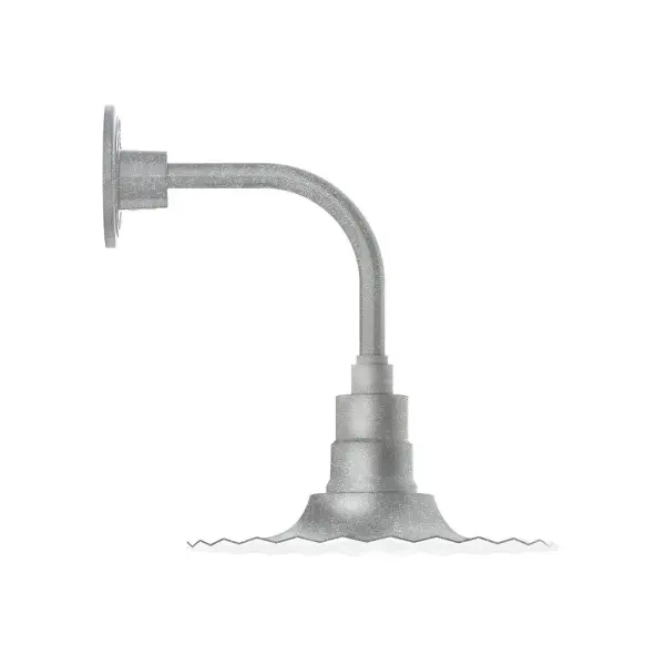 Our outdoor wall lights, inspired by 1920's industrial lighting, in curved arm styles are great for use as sign or awning lights, garage or barn lights. This vintage look works well indoors also, our smallest sizes will illuminate a restaurant menu board, bookcase, or shelving unit. The Radial Shade is fluted to allow water to flow off its surface, suitable for seaside and non-seaside locales. Collection: Radial Finish: Painted Galvanized Glass: 12 inch Radial Notes: Option (1) A19 LED and 3-Integrated 8W, 10W, 15W Width: 12.00" Height: 14.50" Length: 14.50" Weight: 8.00 lb Extension from Wall: 14.50" Canopy: 4.625" diameter Number of Bulbs: 1 Maximum Wattage: 100.00 W Bulb Type: A19 Bulb Base: E26 Medium Light Source: Incandescent or LED equivalent Dimmable Voltage: 120.00 V Country of Origin: US Safety Listing: UL/cUL Safety Rating: Wet Dark Sky LED Manufacturer Warranty: 1-year limited warranty on the fixture.