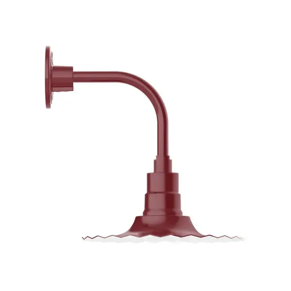 Our outdoor wall lights, inspired by 1920's industrial lighting, in curved arm styles are great for use as sign or awning lights, garage or barn lights. This vintage look works well indoors also, our smallest sizes will illuminate a restaurant menu board, bookcase, or shelving unit. The Radial Shade is fluted to allow water to flow off its surface, suitable for seaside and non-seaside locales. Collection: Radial Finish: Barn Red Glass: 12 inch Radial Notes: Option (1) A19 LED and 3-Integrated 8W, 10W, 15W Width: 12.00" Height: 14.50" Length: 14.50" Weight: 8.00 lb Extension from Wall: 14.50" Canopy: 4.625" diameter Number of Bulbs: 1 Maximum Wattage: 100.00 W Bulb Type: A19 Bulb Base: E26 Medium Light Source: Incandescent or LED equivalent Dimmable Voltage: 120.00 V Country of Origin: US Safety Listing: UL/cUL Safety Rating: Wet Dark Sky LED Manufacturer Warranty: 1-year limited warranty on the fixture.