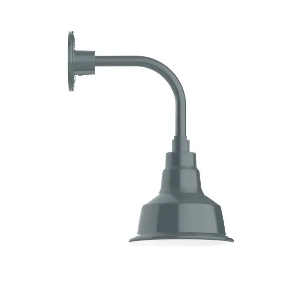 Our outdoor wall lights, inspired by 1920's industrial lighting, in curved arm styles are great for use as sign or awning lights, garage or barn lights. This vintage look works well indoors also, our smallest sizes will illuminate a restaurant menu board, bookcase, or shelving unit. The Warehouse shade is our most popular shade style, and we offer in a large variety of sizes. Collection: Warehouse Finish: Slate Gray Glass: 8 inch Warehouse Notes: Option (1) A19 LED and 3-Integrated 8W, 10W, 15W Width: 8.25" Height: 16.50" Length: 12.75" Weight: 8.00 lb Extension from Wall: 12.75" Canopy: 4.625" diameter Number of Bulbs: 1 Maximum Wattage: 100.00 W Bulb Type: A19 Bulb Base: E26 Medium Light Source: Incandescent or LED equivalent Dimmable Voltage: 120.00 V Country of Origin: US Safety Listing: UL/cUL Safety Rating: Wet Dark Sky LED Manufacturer Warranty: 1-year limited warranty on the fixture.