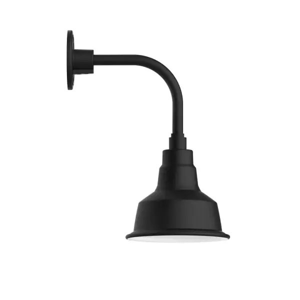 Our outdoor wall lights, inspired by 1920's industrial lighting, in curved arm styles are great for use as sign or awning lights, garage or barn lights. This vintage look works well indoors also, our smallest sizes will illuminate a restaurant menu board, bookcase, or shelving unit. The Warehouse shade is our most popular shade style, and we offer in a large variety of sizes. Collection: Warehouse Finish: Black Glass: Clear Glass with Cast Guard Notes: Option (1) A19 LED and 3-Integrated 8W, 10W, 15W Width: 8.25" Height: 16.50" Length: 12.75" Weight: 8.00 lb Extension from Wall: 12.75" Canopy: 4.625" diameter Number of Bulbs: 1 Maximum Wattage: 100.00 W Bulb Type: A19 Bulb Base: E26 Medium Light Source: Incandescent or LED equivalent Dimmable Voltage: 120.00 V Country of Origin: US Safety Listing: UL/cUL Safety Rating: Wet Dark Sky LED Manufacturer Warranty: 1-year limited warranty on the fixture.