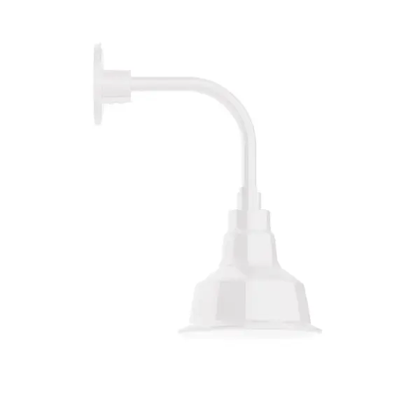 Our outdoor wall lights, inspired by 1920's industrial lighting, in curved arm styles are great for use as sign or awning lights, garage or barn lights. This vintage look works well indoors also, our smallest sizes will illuminate a restaurant menu board, bookcase, or shelving unit. The Warehouse shade is our most popular shade style, and we offer in a large variety of sizes. Collection: Warehouse Finish: White Glass: 8 inch Warehouse Width: 8.25" Height: 16.50" Length: 12.75" Weight: 8.00 lb Extension from Wall: 12.75" Canopy: 4.625" diameter Number of Bulbs: 1 Maximum Wattage: 8.00 W Light Source: LED Light Output: 800.00 lm Color Temperature: 3000 K CRI: 90 Dimmable Rated Average Life: 50,000 Voltage: 120.00 V Country of Origin: US Safety Listing: UL/cUL Safety Rating: Wet Dark Sky LED Manufacturer Warranty: 1-year limited warranty on the fixture.