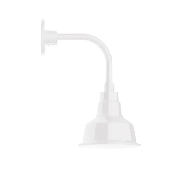 Our outdoor wall lights, inspired by 1920's industrial lighting, in curved arm styles are great for use as sign or awning lights, garage or barn lights. This vintage look works well indoors also, our smallest sizes will illuminate a restaurant menu board, bookcase, or shelving unit. The Warehouse shade is our most popular shade style, and we offer in a large variety of sizes. Collection: Warehouse Finish: White Glass: 8 inch Warehouse Notes: Option (1) A19 LED and 3-Integrated 8W, 10W, 15W Width: 8.25" Height: 16.50" Length: 12.75" Weight: 8.00 lb Extension from Wall: 12.75" Canopy: 4.625" diameter Number of Bulbs: 1 Maximum Wattage: 100.00 W Bulb Type: A19 Bulb Base: E26 Medium Light Source: Incandescent or LED equivalent Dimmable Voltage: 120.00 V Country of Origin: US Safety Listing: UL/cUL Safety Rating: Wet Dark Sky LED Manufacturer Warranty: 1-year limited warranty on the fixture.