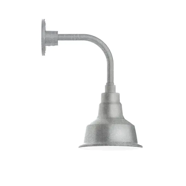 Our outdoor wall lights, inspired by 1920's industrial lighting, in curved arm styles are great for use as sign or awning lights, garage or barn lights. This vintage look works well indoors also, our smallest sizes will illuminate a restaurant menu board, bookcase, or shelving unit. The Warehouse shade is our most popular shade style, and we offer in a large variety of sizes. Collection: Warehouse Finish: Painted Galvanized Glass: 8 inch Warehouse Width: 8.25" Height: 16.50" Length: 12.75" Weight: 8.00 lb Extension from Wall: 12.75" Canopy: 4.625" diameter Number of Bulbs: 1 Maximum Wattage: 8.00 W Light Source: LED Light Output: 800.00 lm Color Temperature: 3000 K CRI: 90 Dimmable Rated Average Life: 50,000 Voltage: 120.00 V Country of Origin: US Safety Listing: UL/cUL Safety Rating: Wet Dark Sky LED Manufacturer Warranty: 1-year limited warranty on the fixture.