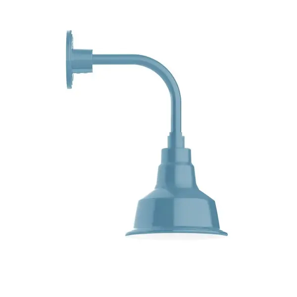 Our outdoor wall lights, inspired by 1920's industrial lighting, in curved arm styles are great for use as sign or awning lights, garage or barn lights. This vintage look works well indoors also, our smallest sizes will illuminate a restaurant menu board, bookcase, or shelving unit. The Warehouse shade is our most popular shade style, and we offer in a large variety of sizes. Collection: Warehouse Finish: Light Blue Glass: Clear Glass with Cast Guard Notes: Option (1) A19 LED and 3-Integrated 8W, 10W, 15W Width: 8.25" Height: 16.50" Length: 12.75" Weight: 8.00 lb Extension from Wall: 12.75" Canopy: 4.625" diameter Number of Bulbs: 1 Maximum Wattage: 100.00 W Bulb Type: A19 Bulb Base: E26 Medium Light Source: Incandescent or LED equivalent Dimmable Voltage: 120.00 V Country of Origin: US Safety Listing: UL/cUL Safety Rating: Wet Dark Sky LED Manufacturer Warranty: 1-year limited warranty on the fixture.