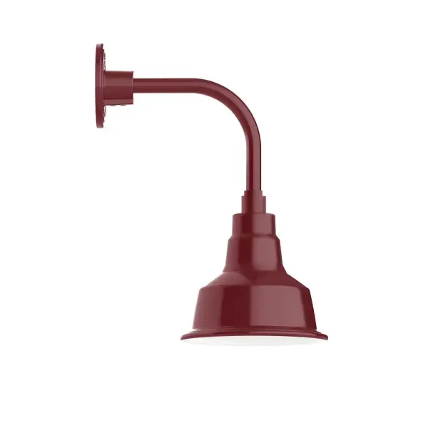 Our outdoor wall lights, inspired by 1920's industrial lighting, in curved arm styles are great for use as sign or awning lights, garage or barn lights. This vintage look works well indoors also, our smallest sizes will illuminate a restaurant menu board, bookcase, or shelving unit. The Warehouse shade is our most popular shade style, and we offer in a large variety of sizes. Collection: Warehouse Finish: Barn Red Glass: Clear Glass with Cast Guard Width: 8.25" Height: 16.50" Length: 12.75" Weight: 8.00 lb Extension from Wall: 12.75" Canopy: 4.625" diameter Number of Bulbs: 1 Maximum Wattage: 8.00 W Light Source: LED Light Output: 800.00 lm Color Temperature: 3000 K CRI: 90 Dimmable Rated Average Life: 50,000 Voltage: 120.00 V Country of Origin: US Safety Listing: UL/cUL Safety Rating: Wet Dark Sky LED Manufacturer Warranty: 1-year limited warranty on the fixture.
