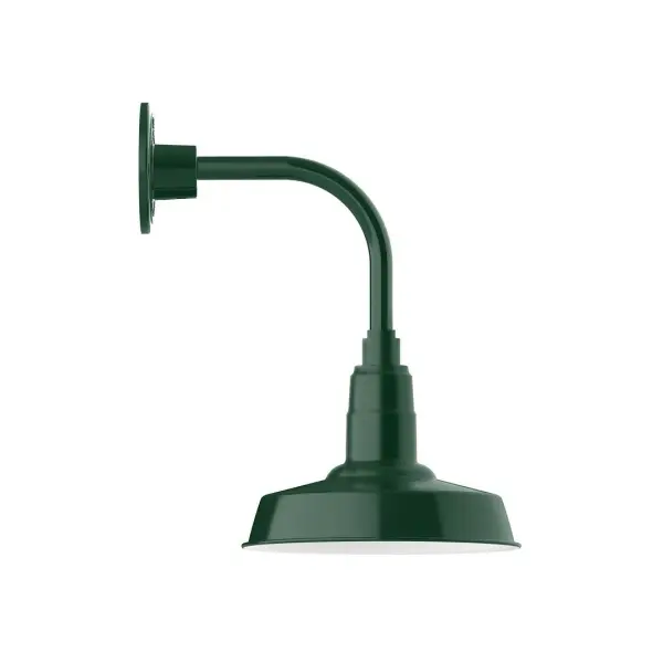 Our outdoor wall lights, inspired by 1920's industrial lighting, in curved arm styles are great for use as sign or awning lights, garage or barn lights. This vintage look works well indoors also, our smallest sizes will illuminate a restaurant menu board, bookcase, or shelving unit. The Warehouse shade is our most popular shade style, and we offer in a large variety of sizes. Collection: Warehouse Finish: Forest Green Glass: 10 inch Warehouse Width: 10.00" Height: 16.00" Length: 13.63" Weight: 8.00 lb Extension from Wall: 13.63" Canopy: 4.625" diameter Number of Bulbs: 1 Maximum Wattage: 10.00 W Light Source: LED Light Output: 800.00 lm Color Temperature: 2700 K CRI: 90 Dimmable Rated Average Life: 50,000 Voltage: 120.00 V Country of Origin: US Safety Listing: UL/cUL Safety Rating: Wet Dark Sky LED Manufacturer Warranty: 1-year limited warranty on the fixture.