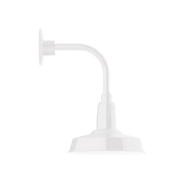 Our outdoor wall lights, inspired by 1920's industrial lighting, in curved arm styles are great for use as sign or awning lights, garage or barn lights. This vintage look works well indoors also, our smallest sizes will illuminate a restaurant menu board, bookcase, or shelving unit. The Warehouse shade is our most popular shade style, and we offer in a large variety of sizes. Collection: Warehouse Finish: White Glass: Clear Glass with Cast Guard Notes: Option (1) A19 LED and 3-Integrated 8W, 10W, 15W Width: 10.00" Height: 16.00" Length: 13.63" Weight: 8.00 lb Extension from Wall: 13.63" Canopy: 4.625" diameter Number of Bulbs: 1 Maximum Wattage: 100.00 W Bulb Type: A19 Bulb Base: E26 Medium Light Source: Incandescent or LED equivalent Dimmable Voltage: 120.00 V Country of Origin: US Safety Listing: UL/cUL Safety Rating: Wet Dark Sky LED Manufacturer Warranty: 1-year limited warranty on the fixture.