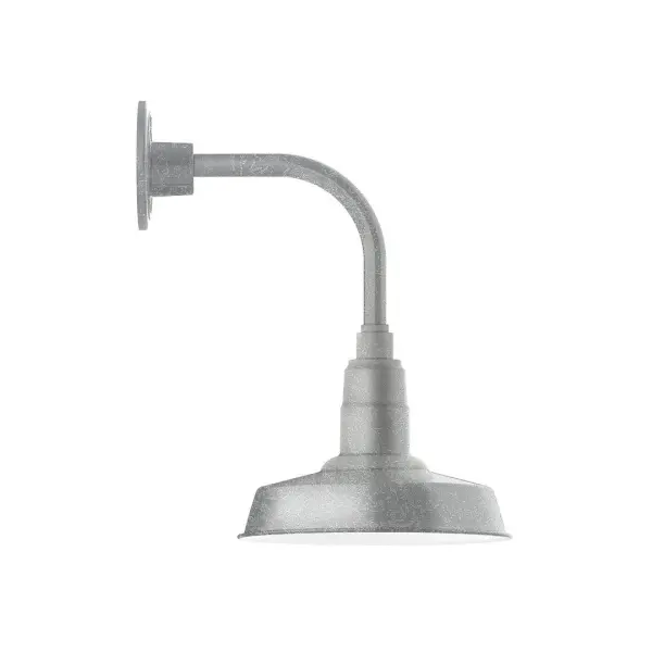 Our outdoor wall lights, inspired by 1920's industrial lighting, in curved arm styles are great for use as sign or awning lights, garage or barn lights. This vintage look works well indoors also, our smallest sizes will illuminate a restaurant menu board, bookcase, or shelving unit. The Warehouse shade is our most popular shade style, and we offer in a large variety of sizes. Collection: Warehouse Finish: Painted Galvanized Glass: 10 inch Warehouse Width: 10.00" Height: 16.00" Length: 13.63" Weight: 8.00 lb Extension from Wall: 13.63" Canopy: 4.625" diameter Number of Bulbs: 1 Maximum Wattage: 10.00 W Light Source: LED Light Output: 800.00 lm Color Temperature: 2700 K CRI: 90 Dimmable Rated Average Life: 50,000 Voltage: 120.00 V Country of Origin: US Safety Listing: UL/cUL Safety Rating: Wet Dark Sky LED Manufacturer Warranty: 1-year limited warranty on the fixture.