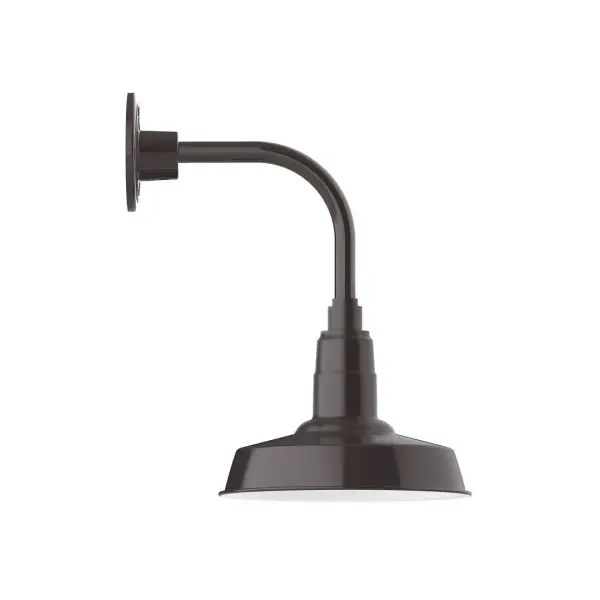 Our outdoor wall lights, inspired by 1920's industrial lighting, in curved arm styles are great for use as sign or awning lights, garage or barn lights. This vintage look works well indoors also, our smallest sizes will illuminate a restaurant menu board, bookcase, or shelving unit. The Warehouse shade is our most popular shade style, and we offer in a large variety of sizes. Collection: Warehouse Finish: Architectural Bronze Glass: 10 inch Warehouse Notes: Option (1) A19 LED and 3-Integrated 8W, 10W, 15W Width: 10.00" Height: 16.00" Length: 13.63" Weight: 8.00 lb Extension from Wall: 13.63" Canopy: 4.625" diameter Number of Bulbs: 1 Maximum Wattage: 100.00 W Bulb Type: A19 Bulb Base: E26 Medium Light Source: Incandescent or LED equivalent Dimmable Voltage: 120.00 V Country of Origin: US Safety Listing: UL/cUL Safety Rating: Wet Dark Sky LED Manufacturer Warranty: 1-year limited warranty on the fixture.