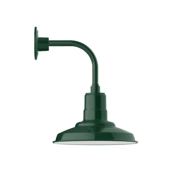 Our outdoor wall lights, inspired by 1920's industrial lighting, in curved arm styles are great for use as sign or awning lights, garage or barn lights. This vintage look works well indoors also, our smallest sizes will illuminate a restaurant menu board, bookcase, or shelving unit. The Warehouse shade is our most popular shade style, and we offer in a large variety of sizes. Collection: Warehouse Finish: Forest Green Glass: Clear Glass with Cast Guard Notes: Option (1) A19 LED and 3-Integrated 8W, 10W, 15W Width: 12.13" Height: 16.50" Length: 14.75" Weight: 8.00 lb Extension from Wall: 14.75" Canopy: 4.625" diameter Number of Bulbs: 1 Maximum Wattage: 100.00 W Bulb Type: A19 Bulb Base: E26 Medium Light Source: Incandescent or LED equivalent Dimmable Voltage: 120.00 V Country of Origin: US Safety Listing: UL/cUL Safety Rating: Wet Dark Sky LED Manufacturer Warranty: 1-year limited warranty on the fixture.