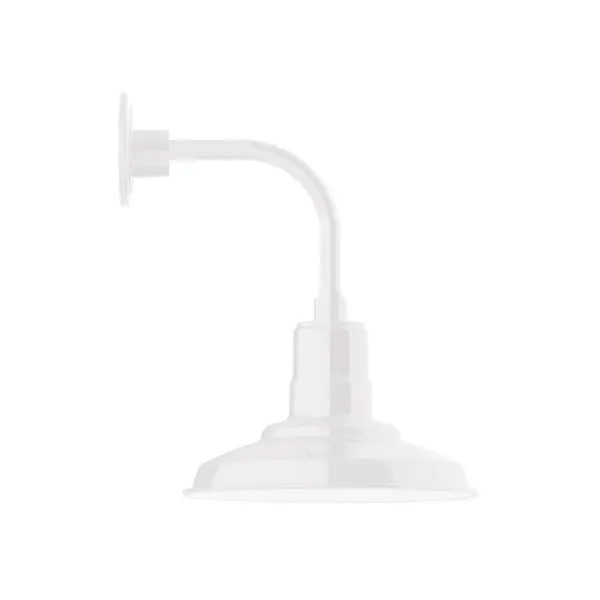 Our outdoor wall lights, inspired by 1920's industrial lighting, in curved arm styles are great for use as sign or awning lights, garage or barn lights. This vintage look works well indoors also, our smallest sizes will illuminate a restaurant menu board, bookcase, or shelving unit. The Warehouse shade is our most popular shade style, and we offer in a large variety of sizes. Collection: Warehouse Finish: White Glass: 12 inch Warehouse Notes: Option (1) A19 LED and 3-Integrated 8W, 10W, 15W Width: 12.13" Height: 16.50" Length: 14.75" Weight: 8.00 lb Extension from Wall: 14.75" Canopy: 4.625" diameter Number of Bulbs: 1 Maximum Wattage: 100.00 W Bulb Type: A19 Bulb Base: E26 Medium Light Source: Incandescent or LED equivalent Dimmable Voltage: 120.00 V Country of Origin: US Safety Listing: UL/cUL Safety Rating: Wet Dark Sky LED Manufacturer Warranty: 1-year limited warranty on the fixture.