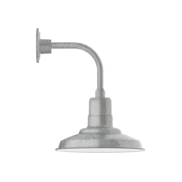Our outdoor wall lights, inspired by 1920's industrial lighting, in curved arm styles are great for use as sign or awning lights, garage or barn lights. This vintage look works well indoors also, our smallest sizes will illuminate a restaurant menu board, bookcase, or shelving unit. The Warehouse shade is our most popular shade style, and we offer in a large variety of sizes. Collection: Warehouse Finish: Painted Galvanized Glass: 12 inch Warehouse Width: 12.13" Height: 16.50" Length: 14.75" Weight: 8.00 lb Extension from Wall: 14.75" Canopy: 4.625" diameter Number of Bulbs: 1 Maximum Wattage: 10.00 W Light Source: LED Light Output: 800.00 lm Color Temperature: 3000 K CRI: 90 Dimmable Rated Average Life: 50,000 Voltage: 120.00 V Country of Origin: US Safety Listing: UL/cUL Safety Rating: Wet Dark Sky LED Manufacturer Warranty: 1-year limited warranty on the fixture.