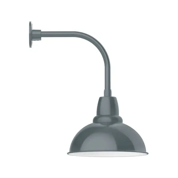 Our outdoor wall lights, inspired by 1920's industrial lighting, in curved arm styles are great for use as sign or awning lights, garage or barn lights. This vintage look works well indoors also, our smallest sizes will illuminate a restaurant menu board, bookcase, or shelving unit. Our Cafe shades will help transform your outdoor living area into a warm and intimate gathering space. Collection: Cafe Finish: Slate Gray Glass: 14 inch Cafe Width: 14.00" Height: 23.13" Length: 20.50" Weight: 12.00 lb Extension from Wall: 20.50" Canopy: 4.625" diameter Number of Bulbs: 1 Maximum Wattage: 15.00 W Light Source: LED Light Output: 1200.00 lm Color Temperature: 2700 K CRI: 90 Dimmable Rated Average Life: 50,000 Voltage: 120.00 V Country of Origin: US Safety Listing: UL/cUL Safety Rating: Wet Dark Sky LED Manufacturer Warranty: 1-year limited warranty on the fixture.