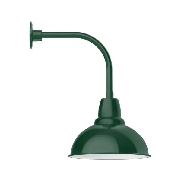 Our outdoor wall lights, inspired by 1920's industrial lighting, in curved arm styles are great for use as sign or awning lights, garage or barn lights. This vintage look works well indoors also, our smallest sizes will illuminate a restaurant menu board, bookcase, or shelving unit. Our Cafe shades will help transform your outdoor living area into a warm and intimate gathering space. Collection: Cafe Finish: Forest Green Glass: 14 inch Cafe Width: 14.00" Height: 23.13" Length: 20.50" Weight: 12.00 lb Extension from Wall: 20.50" Canopy: 4.625" diameter Number of Bulbs: 1 Maximum Wattage: 15.00 W Light Source: LED Light Output: 1200.00 lm Color Temperature: 2700 K CRI: 90 Dimmable Rated Average Life: 50,000 Voltage: 120.00 V Country of Origin: US Safety Listing: UL/cUL Safety Rating: Wet Dark Sky LED Manufacturer Warranty: 1-year limited warranty on the fixture.