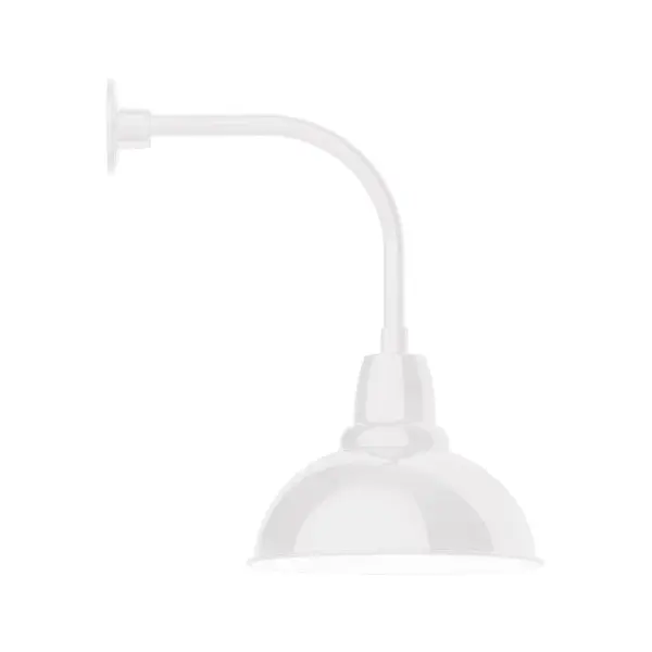 Our outdoor wall lights, inspired by 1920's industrial lighting, in curved arm styles are great for use as sign or awning lights, garage or barn lights. This vintage look works well indoors also, our smallest sizes will illuminate a restaurant menu board, bookcase, or shelving unit. Our Cafe shades will help transform your outdoor living area into a warm and intimate gathering space. Collection: Cafe Finish: White Glass: 14 inch Cafe Notes: Option (1) A19 LED and 3-Integrated 8W, 10W, 15W Width: 14.00" Height: 23.13" Length: 20.50" Weight: 12.00 lb Extension from Wall: 20.50" Canopy: 4.625" diameter Number of Bulbs: 1 Maximum Wattage: 100.00 W Bulb Type: A19 Bulb Base: E26 Medium Light Source: Incandescent or LED equivalent Dimmable Voltage: 120.00 V Country of Origin: US Safety Listing: UL/cUL Safety Rating: Wet Dark Sky LED Manufacturer Warranty: 1-year limited warranty on the fixture.