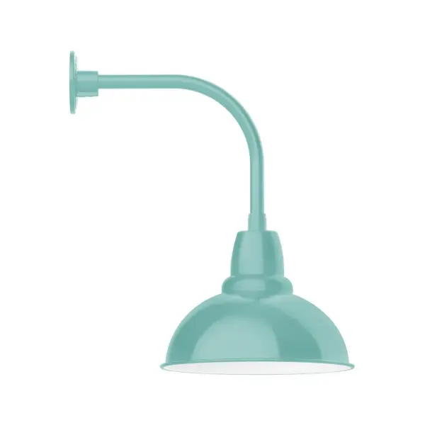 Our outdoor wall lights, inspired by 1920's industrial lighting, in curved arm styles are great for use as sign or awning lights, garage or barn lights. This vintage look works well indoors also, our smallest sizes will illuminate a restaurant menu board, bookcase, or shelving unit. Our Cafe shades will help transform your outdoor living area into a warm and intimate gathering space. Collection: Cafe Finish: Sea Green Glass: 14 inch Cafe Notes: Option (1) A19 LED and 3-Integrated 8W, 10W, 15W Width: 14.00" Height: 23.13" Length: 20.50" Weight: 12.00 lb Extension from Wall: 20.50" Canopy: 4.625" diameter Number of Bulbs: 1 Maximum Wattage: 100.00 W Bulb Type: A19 Bulb Base: E26 Medium Light Source: Incandescent or LED equivalent Dimmable Voltage: 120.00 V Country of Origin: US Safety Listing: UL/cUL Safety Rating: Wet Dark Sky LED Manufacturer Warranty: 1-year limited warranty on the fixture.