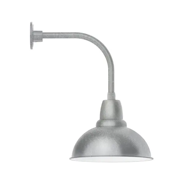 Our outdoor wall lights, inspired by 1920's industrial lighting, in curved arm styles are great for use as sign or awning lights, garage or barn lights. This vintage look works well indoors also, our smallest sizes will illuminate a restaurant menu board, bookcase, or shelving unit. Our Cafe shades will help transform your outdoor living area into a warm and intimate gathering space. Collection: Cafe Finish: Painted Galvanized Glass: Clear Glass with Cast Guard Notes: Option (1) A19 LED and 3-Integrated 8W, 10W, 15W Width: 14.00" Height: 23.13" Length: 20.50" Weight: 12.00 lb Extension from Wall: 20.50" Canopy: 4.625" diameter Number of Bulbs: 1 Maximum Wattage: 100.00 W Bulb Type: A19 Bulb Base: E26 Medium Light Source: Incandescent or LED equivalent Dimmable Voltage: 120.00 V Country of Origin: US Safety Listing: UL/cUL Safety Rating: Wet Dark Sky LED Manufacturer Warranty: 1-year limited warranty on the fixture.
