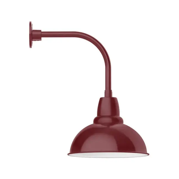 Our outdoor wall lights, inspired by 1920's industrial lighting, in curved arm styles are great for use as sign or awning lights, garage or barn lights. This vintage look works well indoors also, our smallest sizes will illuminate a restaurant menu board, bookcase, or shelving unit. Our Cafe shades will help transform your outdoor living area into a warm and intimate gathering space. Collection: Cafe Finish: Barn Red Glass: Clear Glass with Cast Guard Notes: Option (1) A19 LED and 3-Integrated 8W, 10W, 15W Width: 14.00" Height: 23.13" Length: 20.50" Weight: 12.00 lb Extension from Wall: 20.50" Canopy: 4.625" diameter Number of Bulbs: 1 Maximum Wattage: 100.00 W Bulb Type: A19 Bulb Base: E26 Medium Light Source: Incandescent or LED equivalent Dimmable Voltage: 120.00 V Country of Origin: US Safety Listing: UL/cUL Safety Rating: Wet Dark Sky LED Manufacturer Warranty: 1-year limited warranty on the fixture.