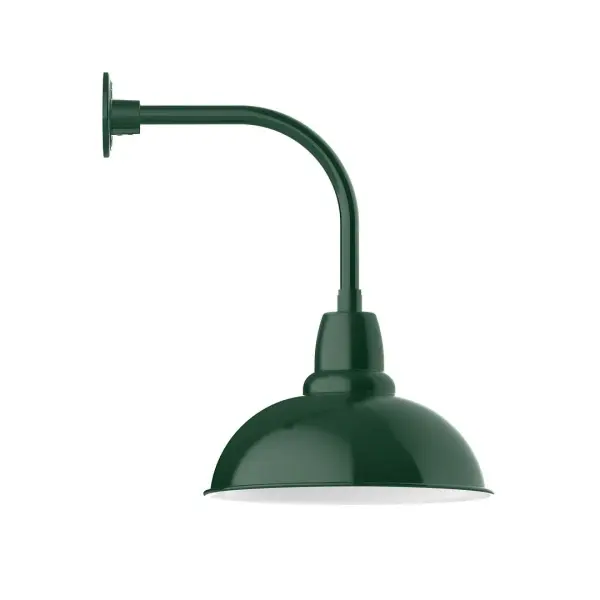 Our outdoor wall lights, inspired by 1920's industrial lighting, in curved arm styles are great for use as sign or awning lights, garage or barn lights. This vintage look works well indoors also, our smallest sizes will illuminate a restaurant menu board, bookcase, or shelving unit. Our Cafe shades will help transform your outdoor living area into a warm and intimate gathering space. Collection: Cafe Finish: Forest Green Glass: Clear Glass with Cast Guard Notes: Option (1) A19 LED and 3-Integrated 8W, 10W, 15W Width: 16.00" Height: 23.25" Length: 21.50" Weight: 12.00 lb Extension from Wall: 21.50" Canopy: 4.625" diameter Number of Bulbs: 1 Maximum Wattage: 100.00 W Bulb Type: A19 Bulb Base: E26 Medium Light Source: Incandescent or LED equivalent Dimmable Voltage: 120.00 V Country of Origin: US Safety Listing: UL/cUL Safety Rating: Wet Dark Sky LED Manufacturer Warranty: 1-year limited warranty on the fixture.