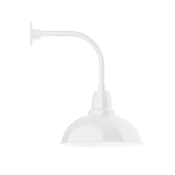 Our outdoor wall lights, inspired by 1920's industrial lighting, in curved arm styles are great for use as sign or awning lights, garage or barn lights. This vintage look works well indoors also, our smallest sizes will illuminate a restaurant menu board, bookcase, or shelving unit. Our Cafe shades will help transform your outdoor living area into a warm and intimate gathering space. Collection: Cafe Finish: White Glass: 16 inch Cafe Notes: Option (1) A19 LED and 3-Integrated 8W, 10W, 15W Width: 16.00" Height: 23.25" Length: 21.50" Weight: 12.00 lb Extension from Wall: 21.50" Canopy: 4.625" diameter Number of Bulbs: 1 Maximum Wattage: 100.00 W Bulb Type: A19 Bulb Base: E26 Medium Light Source: Incandescent or LED equivalent Dimmable Voltage: 120.00 V Country of Origin: US Safety Listing: UL/cUL Safety Rating: Wet Dark Sky LED Manufacturer Warranty: 1-year limited warranty on the fixture.