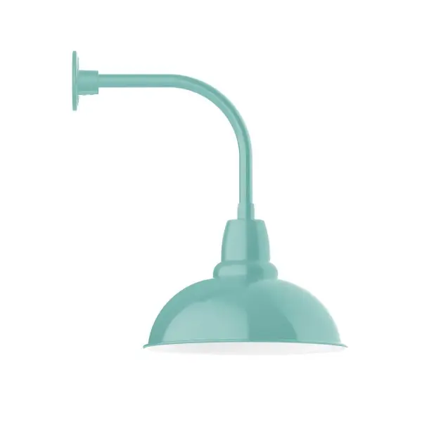 Our outdoor wall lights, inspired by 1920's industrial lighting, in curved arm styles are great for use as sign or awning lights, garage or barn lights. This vintage look works well indoors also, our smallest sizes will illuminate a restaurant menu board, bookcase, or shelving unit. Our Cafe shades will help transform your outdoor living area into a warm and intimate gathering space. Collection: Cafe Finish: Sea Green Glass: Clear Glass with Cast Guard Notes: Option (1) A19 LED and 3-Integrated 8W, 10W, 15W Width: 16.00" Height: 23.25" Length: 21.50" Weight: 12.00 lb Extension from Wall: 21.50" Canopy: 4.625" diameter Number of Bulbs: 1 Maximum Wattage: 100.00 W Bulb Type: A19 Bulb Base: E26 Medium Light Source: Incandescent or LED equivalent Dimmable Voltage: 120.00 V Country of Origin: US Safety Listing: UL/cUL Safety Rating: Wet Dark Sky LED Manufacturer Warranty: 1-year limited warranty on the fixture.