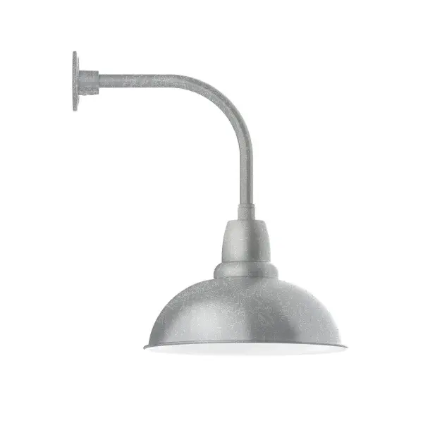 Our outdoor wall lights, inspired by 1920's industrial lighting, in curved arm styles are great for use as sign or awning lights, garage or barn lights. This vintage look works well indoors also, our smallest sizes will illuminate a restaurant menu board, bookcase, or shelving unit. Our Cafe shades will help transform your outdoor living area into a warm and intimate gathering space. Collection: Cafe Finish: Painted Galvanized Glass: 16 inch Cafe Width: 16.00" Height: 23.25" Length: 21.50" Weight: 12.00 lb Extension from Wall: 21.50" Canopy: 4.625" diameter Number of Bulbs: 1 Maximum Wattage: 15.00 W Light Source: LED Light Output: 1200.00 lm Color Temperature: 2700 K CRI: 90 Dimmable Rated Average Life: 50,000 Voltage: 120.00 V Country of Origin: US Safety Listing: UL/cUL Safety Rating: Wet Dark Sky LED Manufacturer Warranty: 1-year limited warranty on the fixture.