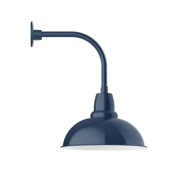 Our outdoor wall lights, inspired by 1920's industrial lighting, in curved arm styles are great for use as sign or awning lights, garage or barn lights. This vintage look works well indoors also, our smallest sizes will illuminate a restaurant menu board, bookcase, or shelving unit. Our Cafe shades will help transform your outdoor living area into a warm and intimate gathering space. Collection: Cafe Finish: Navy Glass: Clear Glass with Cast Guard Notes: Option (1) A19 LED and 3-Integrated 8W, 10W, 15W Width: 16.00" Height: 23.25" Length: 21.50" Weight: 12.00 lb Extension from Wall: 21.50" Canopy: 4.625" diameter Number of Bulbs: 1 Maximum Wattage: 100.00 W Bulb Type: A19 Bulb Base: E26 Medium Light Source: Incandescent or LED equivalent Dimmable Voltage: 120.00 V Country of Origin: US Safety Listing: UL/cUL Safety Rating: Wet Dark Sky LED Manufacturer Warranty: 1-year limited warranty on the fixture.
