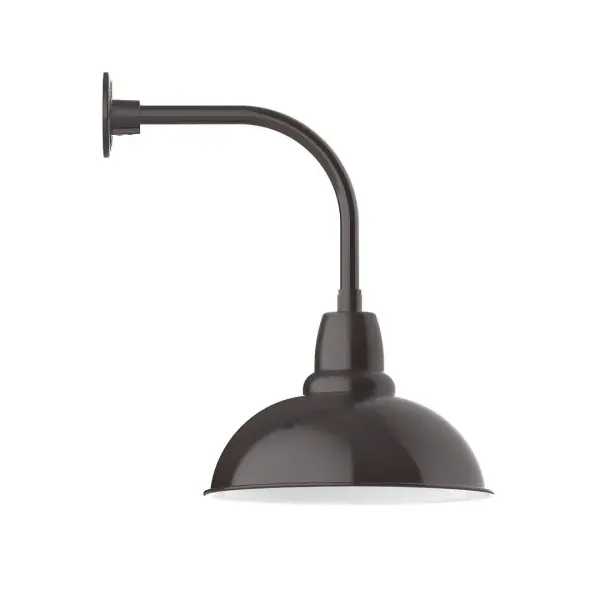 Our outdoor wall lights, inspired by 1920's industrial lighting, in curved arm styles are great for use as sign or awning lights, garage or barn lights. This vintage look works well indoors also, our smallest sizes will illuminate a restaurant menu board, bookcase, or shelving unit. Our Cafe shades will help transform your outdoor living area into a warm and intimate gathering space. Collection: Cafe Finish: Architectural Bronze Glass: Clear Glass with Cast Guard Width: 16.00" Height: 23.25" Length: 21.50" Weight: 12.00 lb Extension from Wall: 21.50" Canopy: 4.625" diameter Number of Bulbs: 1 Maximum Wattage: 15.00 W Light Source: LED Light Output: 1200.00 lm Color Temperature: 2700 K CRI: 90 Dimmable Rated Average Life: 50,000 Voltage: 120.00 V Country of Origin: US Safety Listing: UL/cUL Safety Rating: Wet Dark Sky LED Manufacturer Warranty: 1-year limited warranty on the fixture.