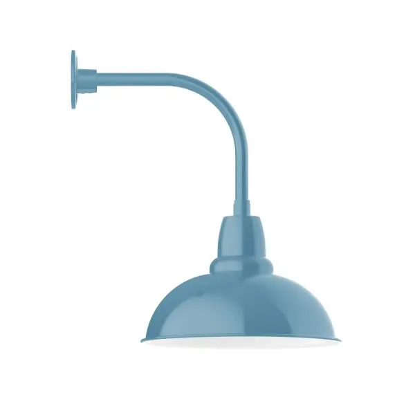 Our outdoor wall lights, inspired by 1920's industrial lighting, in curved arm styles are great for use as sign or awning lights, garage or barn lights. This vintage look works well indoors also, our smallest sizes will illuminate a restaurant menu board, bookcase, or shelving unit. Our Cafe shades will help transform your outdoor living area into a warm and intimate gathering space. Collection: Cafe Finish: Light Blue Glass: Clear Glass with Cast Guard Width: 16.00" Height: 23.25" Length: 21.50" Weight: 12.00 lb Extension from Wall: 21.50" Canopy: 4.625" diameter Number of Bulbs: 1 Maximum Wattage: 15.00 W Light Source: LED Light Output: 1200.00 lm Color Temperature: 2700 K CRI: 90 Dimmable Rated Average Life: 50,000 Voltage: 120.00 V Country of Origin: US Safety Listing: UL/cUL Safety Rating: Wet Dark Sky LED Manufacturer Warranty: 1-year limited warranty on the fixture.