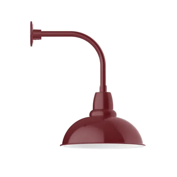 Our outdoor wall lights, inspired by 1920's industrial lighting, in curved arm styles are great for use as sign or awning lights, garage or barn lights. This vintage look works well indoors also, our smallest sizes will illuminate a restaurant menu board, bookcase, or shelving unit. Our Cafe shades will help transform your outdoor living area into a warm and intimate gathering space. Collection: Cafe Finish: Barn Red Glass: 16 inch Cafe Width: 16.00" Height: 23.25" Length: 21.50" Weight: 12.00 lb Extension from Wall: 21.50" Canopy: 4.625" diameter Number of Bulbs: 1 Maximum Wattage: 15.00 W Light Source: LED Light Output: 1200.00 lm Color Temperature: 2700 K CRI: 90 Dimmable Rated Average Life: 50,000 Voltage: 120.00 V Country of Origin: US Safety Listing: UL/cUL Safety Rating: Wet Dark Sky LED Manufacturer Warranty: 1-year limited warranty on the fixture.
