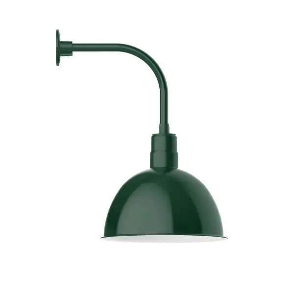 Our outdoor wall lights, inspired by 1920's industrial lighting, in curved arm styles are great for use as sign or awning lights, garage or barn lights. This vintage look works well indoors also, our smallest sizes will illuminate a restaurant menu board, bookcase, or shelving unit. Our Deep Bowl shade, the ultimate domed reflector, is classic in shape and offers great light output. Collection: Deep Bowl Finish: Forest Green Glass: Clear Glass with Cast Guard Notes: Option (1) A19 LED and 3-Integrated 8W, 10W, 15W Width: 16.00" Height: 26.38" Length: 21.50" Weight: 14.00 lb Extension from Wall: 21.50" Canopy: 4.625" diameter Number of Bulbs: 1 Maximum Wattage: 100.00 W Bulb Type: A19 Bulb Base: E26 Medium Light Source: Incandescent or LED equivalent Dimmable Voltage: 120.00 V Country of Origin: US Safety Listing: UL/cUL Safety Rating: Wet Dark Sky LED Manufacturer Warranty: 1-year limited warranty on the fixture.