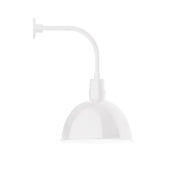 Our outdoor wall lights, inspired by 1920's industrial lighting, in curved arm styles are great for use as sign or awning lights, garage or barn lights. This vintage look works well indoors also, our smallest sizes will illuminate a restaurant menu board, bookcase, or shelving unit. Our Deep Bowl shade, the ultimate domed reflector, is classic in shape and offers great light output. Collection: Deep Bowl Finish: White Glass: Clear Glass with Cast Guard Width: 16.00" Height: 26.38" Length: 21.50" Weight: 14.00 lb Extension from Wall: 21.50" Canopy: 4.625" diameter Number of Bulbs: 1 Maximum Wattage: 15.00 W Light Source: LED Light Output: 1200.00 lm Color Temperature: 2700 K CRI: 90 Dimmable Rated Average Life: 50,000 Voltage: 120.00 V Country of Origin: US Safety Listing: UL/cUL Safety Rating: Wet Dark Sky LED Manufacturer Warranty: 1-year limited warranty on the fixture.