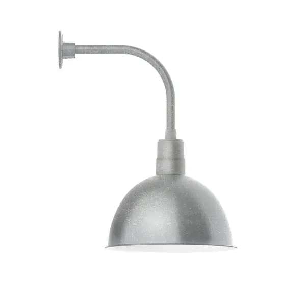 Our outdoor wall lights, inspired by 1920's industrial lighting, in curved arm styles are great for use as sign or awning lights, garage or barn lights. This vintage look works well indoors also, our smallest sizes will illuminate a restaurant menu board, bookcase, or shelving unit. Our Deep Bowl shade, the ultimate domed reflector, is classic in shape and offers great light output. Collection: Deep Bowl Finish: Painted Galvanized Glass: Clear Glass with Cast Guard Notes: Option (1) A19 LED and 3-Integrated 8W, 10W, 15W Width: 16.00" Height: 26.38" Length: 21.50" Weight: 14.00 lb Extension from Wall: 21.50" Canopy: 4.625" diameter Number of Bulbs: 1 Maximum Wattage: 100.00 W Bulb Type: A19 Bulb Base: E26 Medium Light Source: Incandescent or LED equivalent Dimmable Voltage: 120.00 V Country of Origin: US Safety Listing: UL/cUL Safety Rating: Wet Dark Sky LED Manufacturer Warranty: 1-year limited warranty on the fixture.