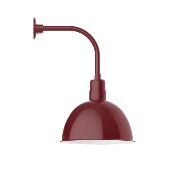 Our outdoor wall lights, inspired by 1920's industrial lighting, in curved arm styles are great for use as sign or awning lights, garage or barn lights. This vintage look works well indoors also, our smallest sizes will illuminate a restaurant menu board, bookcase, or shelving unit. Our Deep Bowl shade, the ultimate domed reflector, is classic in shape and offers great light output. Collection: Deep Bowl Finish: Barn Red Glass: Clear Glass with Cast Guard Notes: Option (1) A19 LED and 3-Integrated 8W, 10W, 15W Width: 16.00" Height: 26.38" Length: 21.50" Weight: 14.00 lb Extension from Wall: 21.50" Canopy: 4.625" diameter Number of Bulbs: 1 Maximum Wattage: 100.00 W Bulb Type: A19 Bulb Base: E26 Medium Light Source: Incandescent or LED equivalent Dimmable Voltage: 120.00 V Country of Origin: US Safety Listing: UL/cUL Safety Rating: Wet Dark Sky LED Manufacturer Warranty: 1-year limited warranty on the fixture.