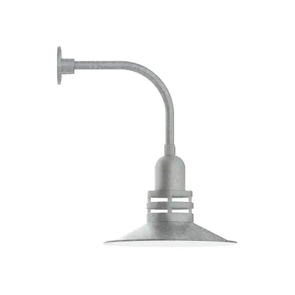 Our outdoor wall lights, inspired by 1920's industrial lighting, in curved arm styles are great for use as sign or awning lights, garage or barn lights. This vintage look works well indoors also, our smallest sizes will illuminate a restaurant menu board, bookcase, or shelving unit. The Atomic has a great retro feel and will lighten up any space. A clear glass jar to protect bulb from the elements is a standard feature. Collection: Atomic Finish: Painted Galvanized Glass: 16 inch Atomic Notes: Option (1) A19 LED and 3-Integrated 8W, 10W, 15W Width: 16.25" Height: 24.00" Length: 21.50" Weight: 12.00 lb Extension from Wall: 21.50" Canopy: 4.625" diameter Number of Bulbs: 1 Maximum Wattage: 100.00 W Bulb Type: A19 Bulb Base: E26 Medium Light Source: Incandescent or LED equivalent Dimmable Voltage: 120.00 V Country of Origin: US Safety Listing: UL/cUL Safety Rating: Wet Dark Sky LED Manufacturer Warranty: 1-year limited warranty on the fixture.