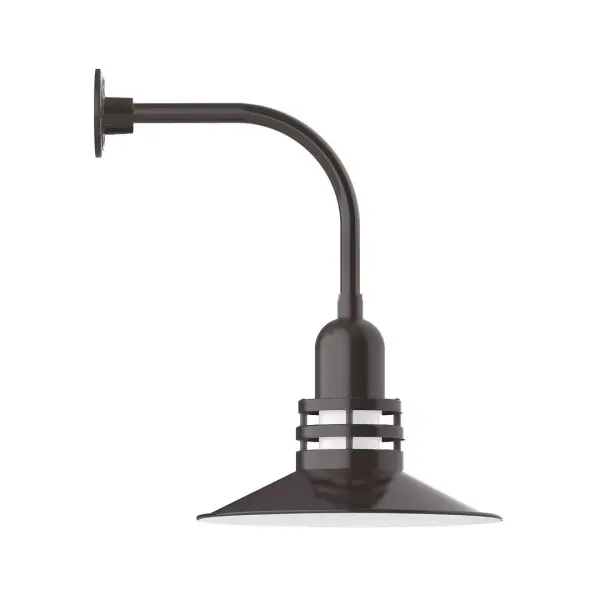 Our outdoor wall lights, inspired by 1920's industrial lighting, in curved arm styles are great for use as sign or awning lights, garage or barn lights. This vintage look works well indoors also, our smallest sizes will illuminate a restaurant menu board, bookcase, or shelving unit. The Atomic has a great retro feel and will lighten up any space. A clear glass jar to protect bulb from the elements is a standard feature. Collection: Atomic Finish: Architectural Bronze Glass: 16 inch Atomic Notes: Option (1) A19 LED and 3-Integrated 8W, 10W, 15W Width: 16.25" Height: 24.00" Length: 21.50" Weight: 12.00 lb Extension from Wall: 21.50" Canopy: 4.625" diameter Number of Bulbs: 1 Maximum Wattage: 100.00 W Bulb Type: A19 Bulb Base: E26 Medium Light Source: Incandescent or LED equivalent Dimmable Voltage: 120.00 V Country of Origin: US Safety Listing: UL/cUL Safety Rating: Wet Dark Sky LED Manufacturer Warranty: 1-year limited warranty on the fixture.