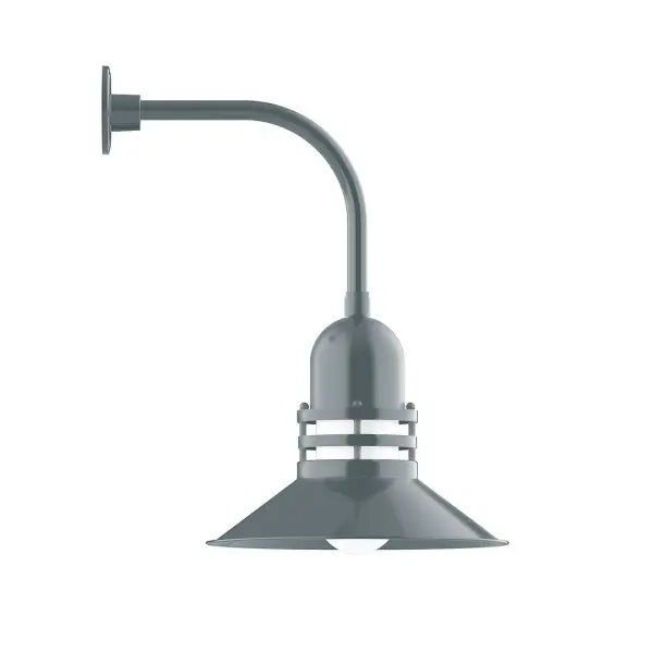Our outdoor wall lights, inspired by 1920's industrial lighting, in curved arm styles are great for use as sign or awning lights, garage or barn lights. This vintage look works well indoors also, our smallest sizes will illuminate a restaurant menu board, bookcase, or shelving unit. The Atomic has a great retro feel and will lighten up any space. A clear glass jar to protect bulb from the elements is a standard feature. Collection: Atomic Finish: Slate Gray Glass: 16 inch Atomic Notes: Option (1) A19 LED and 3-Integrated 8W, 10W, 15W Width: 16.00" Height: 25.25" Length: 21.38" Weight: 12.00 lb Extension from Wall: 21.38" Canopy: 4.625" diameter Number of Bulbs: 1 Maximum Wattage: 100.00 W Bulb Type: A19 Bulb Base: E26 Medium Light Source: Incandescent or LED equivalent Dimmable Voltage: 120.00 V Country of Origin: US Safety Listing: UL/cUL Safety Rating: Wet Dark Sky LED Manufacturer Warranty: 1-year limited warranty on the fixture.