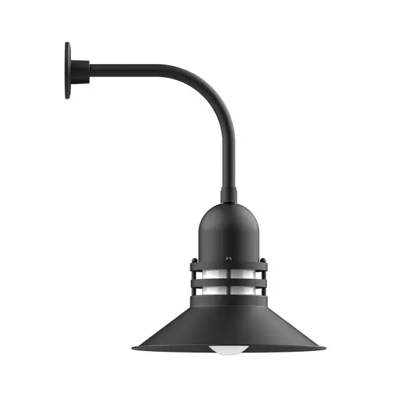 Our outdoor wall lights, inspired by 1920's industrial lighting, in curved arm styles are great for use as sign or awning lights, garage or barn lights. This vintage look works well indoors also, our smallest sizes will illuminate a restaurant menu board, bookcase, or shelving unit. The Atomic has a great retro feel and will lighten up any space. A clear glass jar to protect bulb from the elements is a standard feature. Collection: Atomic Finish: Black Glass: 16 inch Atomic Notes: Option (1) A19 LED and 3-Integrated 8W, 10W, 15W Width: 16.00" Height: 25.25" Length: 21.38" Weight: 12.00 lb Extension from Wall: 21.38" Canopy: 4.625" diameter Number of Bulbs: 1 Maximum Wattage: 100.00 W Bulb Type: A19 Bulb Base: E26 Medium Light Source: Incandescent or LED equivalent Dimmable Voltage: 120.00 V Country of Origin: US Safety Listing: UL/cUL Safety Rating: Wet Dark Sky LED Manufacturer Warranty: 1-year limited warranty on the fixture.