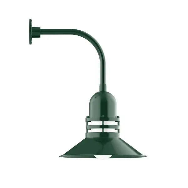 Our outdoor wall lights, inspired by 1920's industrial lighting, in curved arm styles are great for use as sign or awning lights, garage or barn lights. This vintage look works well indoors also, our smallest sizes will illuminate a restaurant menu board, bookcase, or shelving unit. The Atomic has a great retro feel and will lighten up any space. A clear glass jar to protect bulb from the elements is a standard feature. Collection: Atomic Finish: Forest Green Glass: 16 inch Atomic Notes: Option (1) A19 LED and 3-Integrated 8W, 10W, 15W Width: 16.00" Height: 25.25" Length: 21.38" Weight: 12.00 lb Extension from Wall: 21.38" Canopy: 4.625" diameter Number of Bulbs: 1 Maximum Wattage: 100.00 W Bulb Type: A19 Bulb Base: E26 Medium Light Source: Incandescent or LED equivalent Dimmable Voltage: 120.00 V Country of Origin: US Safety Listing: UL/cUL Safety Rating: Wet Dark Sky LED Manufacturer Warranty: 1-year limited warranty on the fixture.
