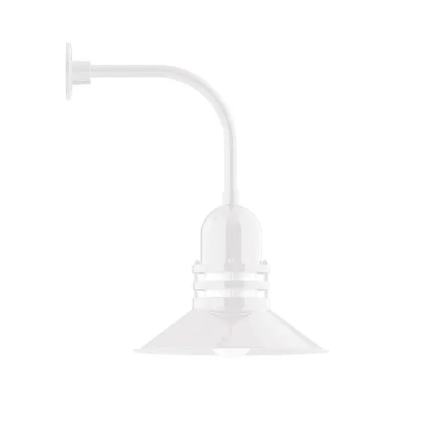Our outdoor wall lights, inspired by 1920's industrial lighting, in curved arm styles are great for use as sign or awning lights, garage or barn lights. This vintage look works well indoors also, our smallest sizes will illuminate a restaurant menu board, bookcase, or shelving unit. The Atomic has a great retro feel and will lighten up any space. A clear glass jar to protect bulb from the elements is a standard feature. Collection: Atomic Finish: White Glass: 16 inch Atomic Notes: Option (1) A19 LED and 3-Integrated 8W, 10W, 15W Width: 16.00" Height: 25.25" Length: 21.38" Weight: 12.00 lb Extension from Wall: 21.38" Canopy: 4.625" diameter Number of Bulbs: 1 Maximum Wattage: 100.00 W Bulb Type: A19 Bulb Base: E26 Medium Light Source: Incandescent or LED equivalent Dimmable Voltage: 120.00 V Country of Origin: US Safety Listing: UL/cUL Safety Rating: Wet Dark Sky LED Manufacturer Warranty: 1-year limited warranty on the fixture.
