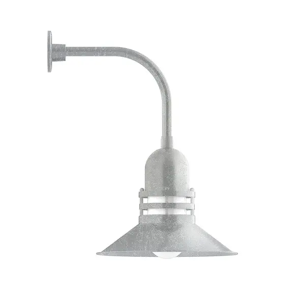 Our outdoor wall lights, inspired by 1920's industrial lighting, in curved arm styles are great for use as sign or awning lights, garage or barn lights. This vintage look works well indoors also, our smallest sizes will illuminate a restaurant menu board, bookcase, or shelving unit. The Atomic has a great retro feel and will lighten up any space. A clear glass jar to protect bulb from the elements is a standard feature. Collection: Atomic Finish: Painted Galvanized Glass: 16 inch Atomic Notes: Option (1) A19 LED and 3-Integrated 8W, 10W, 15W Width: 16.00" Height: 25.25" Length: 21.38" Weight: 12.00 lb Extension from Wall: 21.38" Canopy: 4.625" diameter Number of Bulbs: 1 Maximum Wattage: 100.00 W Bulb Type: A19 Bulb Base: E26 Medium Light Source: Incandescent or LED equivalent Dimmable Voltage: 120.00 V Country of Origin: US Safety Listing: UL/cUL Safety Rating: Wet Dark Sky LED Manufacturer Warranty: 1-year limited warranty on the fixture.