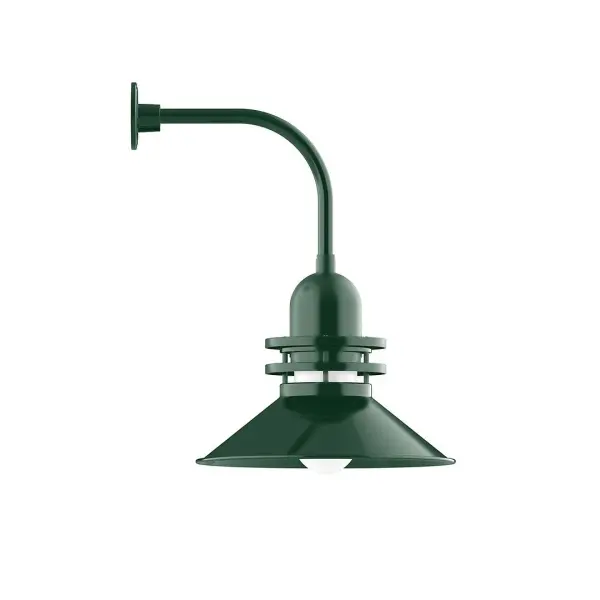 Our outdoor wall lights, inspired by 1920's industrial lighting, in curved arm styles are great for use as sign or awning lights, garage or barn lights. This vintage look works well indoors also, our smallest sizes will illuminate a restaurant menu board, bookcase, or shelving unit. The Atomic has a great retro feel and will lighten up any space. A clear glass jar to protect bulb from the elements is a standard feature. Collection: Atomic Finish: Forest Green Glass: 18 inch Atomic Notes: Option (1) A19 LED and 4-Integrated 8W, 10W, 15W, 25W Width: 18.00" Height: 26.50" Length: 22.50" Weight: 12.00 lb Extension from Wall: 22.50" Canopy: 4.625" diameter Number of Bulbs: 1 Maximum Wattage: 200.00 W Bulb Type: A19 Bulb Base: E26 Medium Light Source: Incandescent or LED equivalent Dimmable Voltage: 120.00 V Country of Origin: US Safety Listing: UL/cUL Safety Rating: Wet Dark Sky LED Manufacturer Warranty: 1-year limited warranty on the fixture.